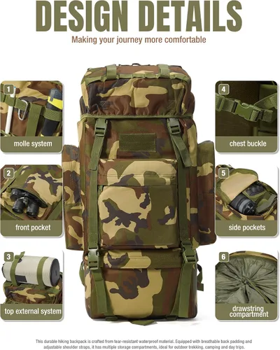 Vista 5 de Mochila táctica de senderismo de camuflaje grande 65L
