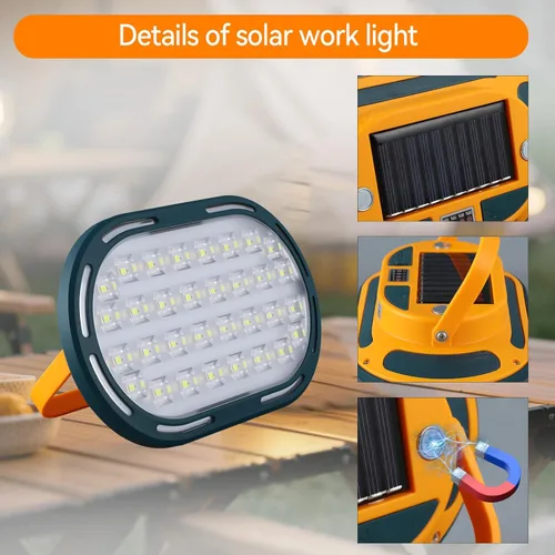 Vista 2 de Mini luz de trabajo recargable multifunción de 3.74 x 2.36 pulgadas, luz de inundación portátil magnética solar con soporte giratorio, 4 modos