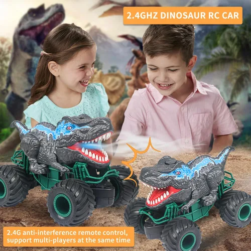 Vista 3 de Coche de control remoto de dinosaurio, juguetes de camión monstruo mega RC de 2.4GHz para niños pequeños, juguetes de dinosaurio con luz, sonido