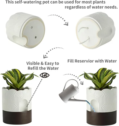 Vista 3 de Nihow Maceta de riego automático: maceta de cerámica de 6 pulgadas con orificio de drenaje y almacenamiento de agua, maceta de riego automático