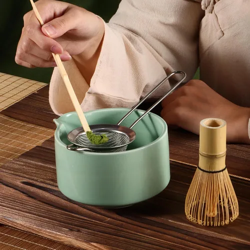 Vista 7 de Juego de batidor de matcha, batidor de matcha de bambú (Chasen), cuchara tradicional (chashaku), tamiz de acero inoxidable,Herramientas de té