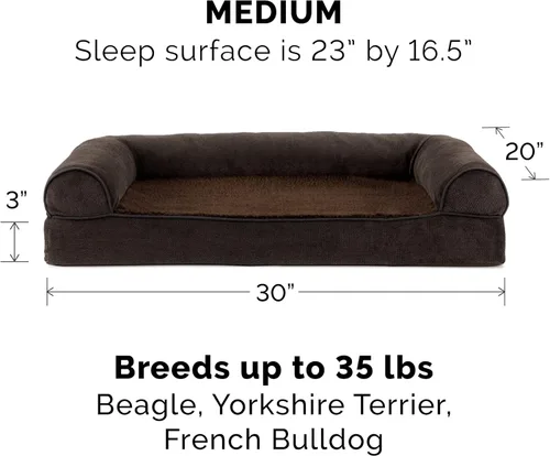 Vista 2 de Furhaven Cama para perro, de espuma viscoelástica, estilo sofá, Sherpa y chenilla, café, M