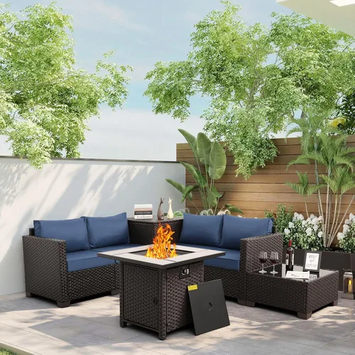 WAROOM Juego de muebles de patio de 5 piezas, juego de conversación al aire libre, sofá biplaza de ratán de polietileno, sofá modular de resina con