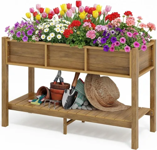 Vista 17 de DWVO Cama de jardín elevada de polietileno de alta densidad de 47 x 18 x 31 pulgadas, resistente a la intemperie, maceta con patas y ruedas