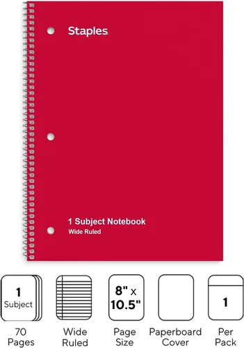 Vista 2 de Staples 1 Subject cuaderno con renglones anchos, 8 pulgadas x 10-1/2 pulgadas, rojo