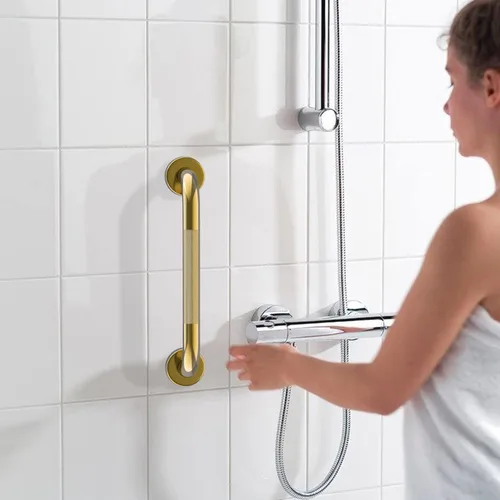 Vista 4 de Barra de Agarre Dorada para Ducha con Agarre Moleteado Antideslizante de 20 Pulgadas, Zepolu Barra de Agarre de Baño de Acero Inoxidable Montada