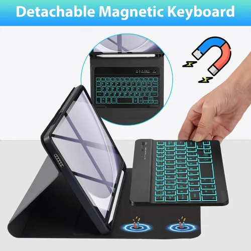 Vista 4 de Funda de teclado para Samsung Galaxy Tab A9 8.7" 2023, retroiluminación de 7 colores, funda de teclado inalámbrico desmontable con soporte para S