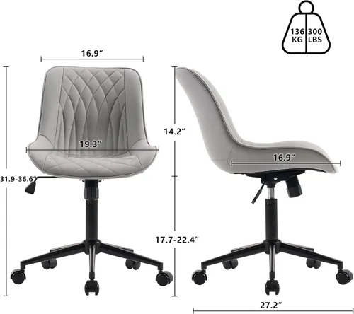 Vista 28 de YOUNIKE Silla de escritorio de oficina en casa con ruedas, silla de tocador sin brazos con respaldo, cómoda y moderna silla tapizada de cuero