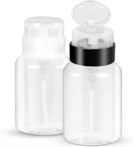 Dispensador de bomba removedor de esmalte de uñas, paquete de 2 botellas de ABS seguras con acetona con tapa abatible con bloqueo, contenedor vacío