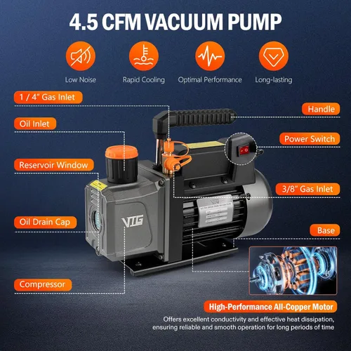 Vista 4 de VTG VOGTEN Cámara de vacío de 1.5 galones con bomba, kit de cámara de desgasificación de acero inoxidable 304 con bomba de vacío de 4.5 CFM 1/3HP