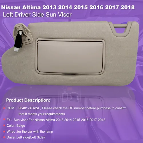 Vista 2 de NHILES Visera Solar del Lado Izquierdo del Conductor Compatible con Nissan Altima 2013 2014 2015 2016 2017 2018 con Luz, Sin Techo Solar 96401-3TA2A