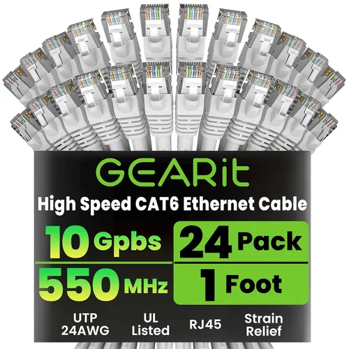 Vista 16 de GEARit Paquete de 24 cables Ethernet Cat6 de 0.5 pies Cable de conexión de red RJ45, conectores chapados en oro sin enganches de 10 Gbps, cable