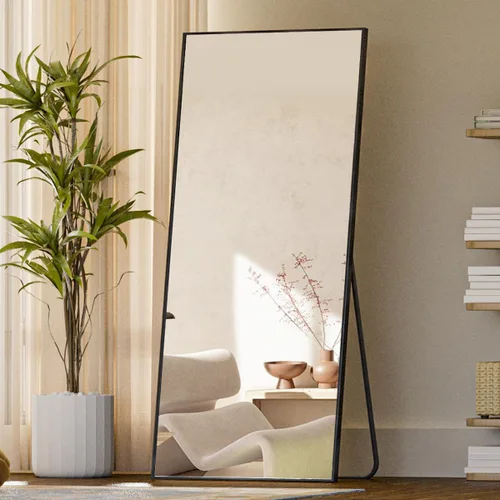 Vista 16 de Koonmi Espejo de piso de 56 x 21 pulgadas, de longitud completa, espejo de piso para dormitorio con soporte, espejo negro grande, inclinado, de pie