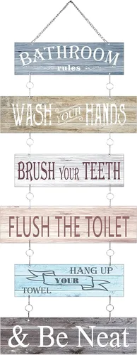 Letreros de reglas de baño, decoración de pared de baño, 6 piezas de decoración de pared de madera de 24 x 11 pulgadas, decoración colgante de