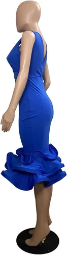 Vista 4 de Vestido de cóctel ajustado de sirena sin mangas con cuello en V y espalda abierta y dobladillo con volantes para mujer