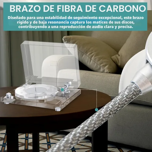 Vista 7 de Tocadiscos de vinilo, tocadiscos con Bluetooth 5.3, preamplificador integrado, doble velocidad 33/45 RPM, brazo de fibra de carbono, diseño acrílico