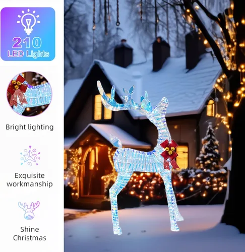 Vista 4 de Reno iridiscente prismático iluminado para exteriores de 51 pulgadas para decoración navideña, decoración exterior de ciervos LED arcoíris hechos a