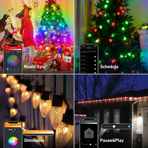 Vista 8 de Luces LED Inteligentes C9 de Navidad para Exteriores, 118 Pies, 150 Luces LED C9 en Cadena, Control por Aplicación, Más de 105 Modos, Impermeables