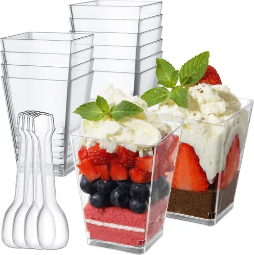 Vista 7 de Vasos de postre de plástico de 3.8 onzas con cucharas, paquete de 50 unidades, mini tazas de postre cuadradas transparentes para aperitivos, tazas