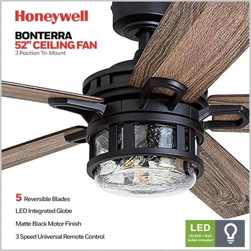 Vista 2 de Honeywell Ceiling Fans Bonterra Modern - Ventilador de techo de 52 pulgadas con luz, control remoto, ventilador LED para interiores con 5 aspas
