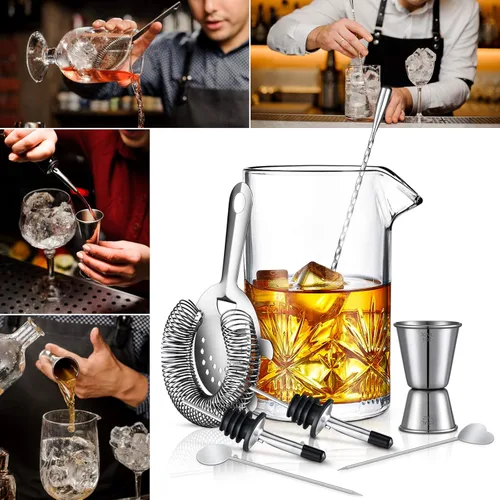 Vista 6 de Vaso mezclador de cristal de 18 onzas, kit de camarero de 8 piezas con colador, cuchara, jigger, púas, vertedores, herramientas de bar, coctelera