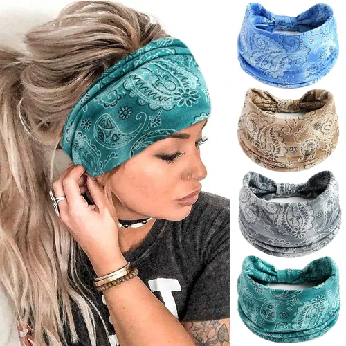 Vista 12 de FULZTEY Diademas Boho para mujer, diademas elásticas vintage con estampado de tela, banda de pelo anudada ancha, bandas de pelo suaves de algodón