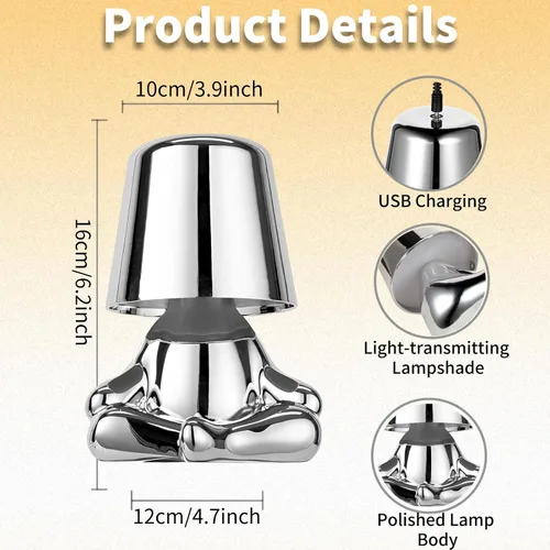 Vista 6 de Thinker Lamp Collection, lámpara de mesa inalámbrica con estatua de señor plateado, linda lámpara de escritorio, funciona con pilas, regulable
