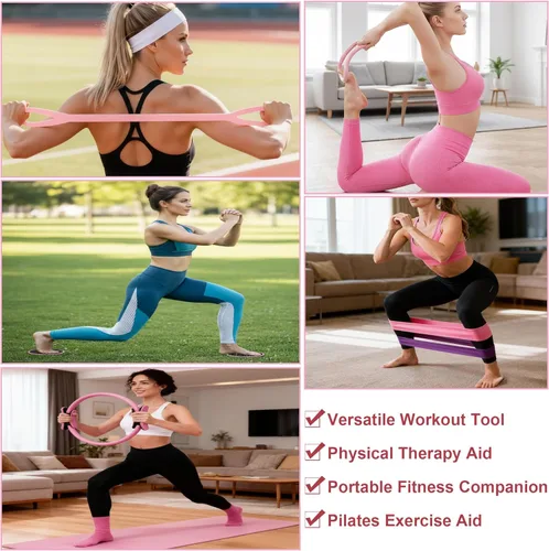 Vista 3 de Kit de pilates para entrenamientos en casa, juego de equipo de pilates con anillo, bola, 5 bandas de resistencia, aro circular mágico, discos