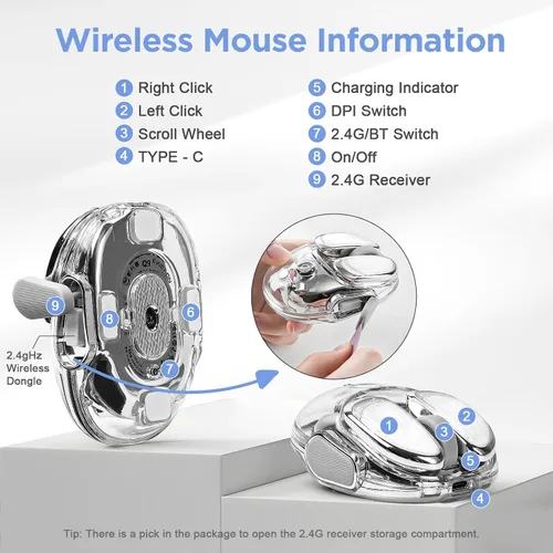 Vista 7 de Q9 Ratón inalámbrico transparente para computadora, 2.4G/ratón Rosa