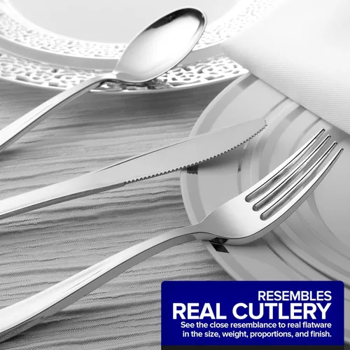 Vista 4 de Juego de cubiertos de plástico resistente (plateado) de 75 piezas, juego de cubiertos desechables, ideal para fiestas, bodas y catering, cubiertos