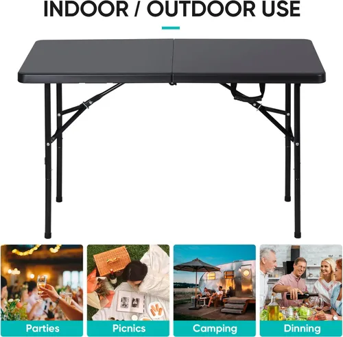 Vista 8 de ZenStyle Mesa plegable resistente de 4 pies, parte superior de plástico y patas de acero, mesa de utilidad para interiores y exteriores con asa