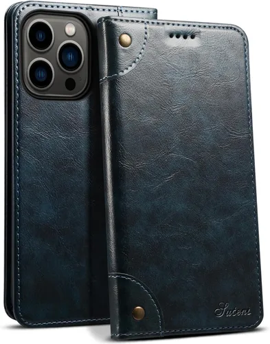 Vista 7 de SINIANL Funda compatible con iPhone 15, funda de piel azul con soporte magnético, soporte para tarjetas de crédito, funda tipo cartera