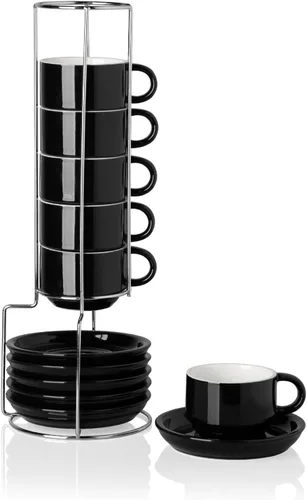 Vista 34 de Sweejar - Tazas de café de porcelana con platillos, tazas de capuchino apilables de 4 onzas con soporte de metal para bebidas de café, café