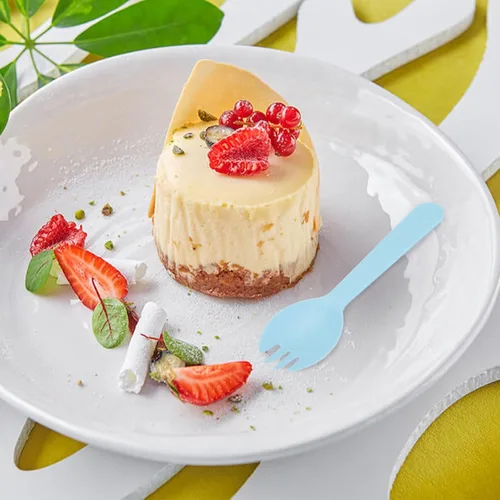 Vista 6 de 100 mini tenedores desechables de plástico para pasteles, tenedor y cuchara dos en uno, tenedores envueltos individualmente para pasteles, postres