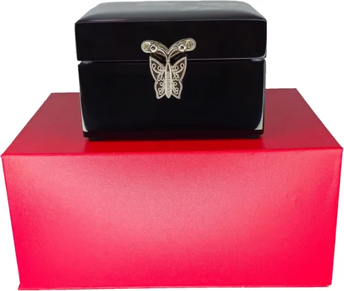 Vista 4 de Adornos de caja de joyería de laca hechos a mano, hechos de madera maciza con nácar natural tallado y pegado, se puede utilizar para almacenar