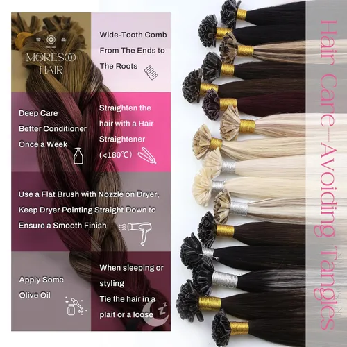 Vista 4 de Moresoo Extensiones de cabello humano con punta K de 24 pulgadas, extensiones de cabello humano con reflejos castaño medio con rubio caramelo