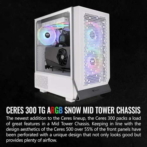 Vista 2 de Thermaltake Ceres 300 Snow Edition - Carcasa para computadora E-ATX de torre media con panel lateral de vidrio templado; 2 ventiladores CT140 ARGB