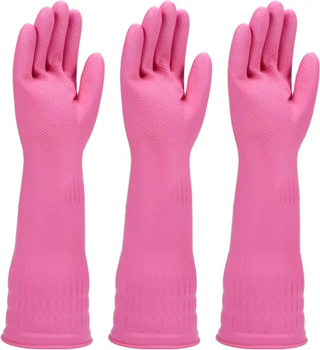 Vista 9 de Guantes de goma para lavar platos, 3 o 6 pares para cocina, guantes de limpieza largos para el hogar reutilizables y duraderos.