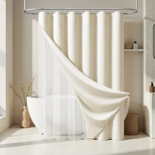 Vista 344 de Cortina de ducha de tela Dynamene verde oscuro - Cortinas de baño de tela de nido de abeja texturizadas resistentes, juego de cortinas de baño