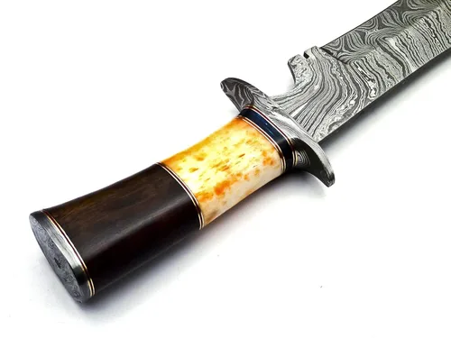 Vista 4 de BK-40 Cuchillo Bowie de acero de Damasco hecho a mano de 15 pulgadas - Hermoso mango de hueso de madera de rosa y cuerno de toro con vaina
