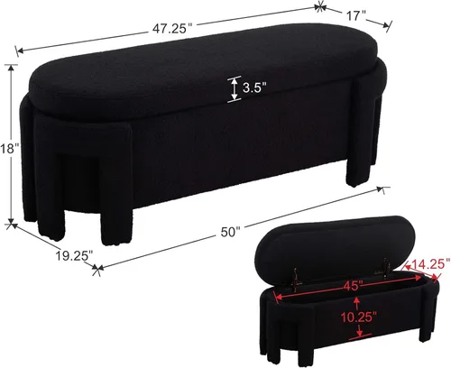 Vista 2 de Kmax Banco Otomán de Almacenamiento de 50", Banco de Entrada Moderno de Piel Sintética Bouclé, Banco Tapizado Cómodo al Pie de la Cama para Pasillo