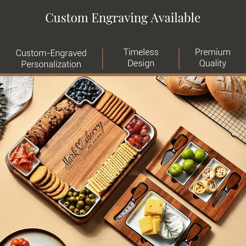 Vista 3 de Shanik Juego de Tabla de Quesos de Acacia Mejorado, Juego de Charcutería de Forma Cuadrada, Bandeja de Quesos, Diseño Hecho a Mano y Juego