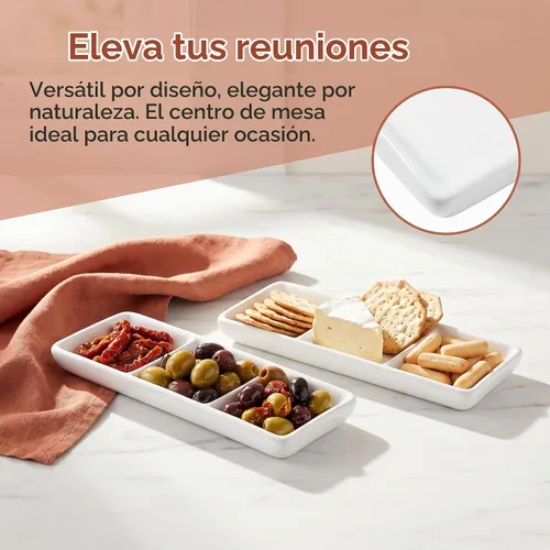 Vista 4 de DOITOOL 2 platos de cerámica para servir, 3 compartimentos, bandejas para servir aperitivos, platos de salsa divididos rectangulares blancos