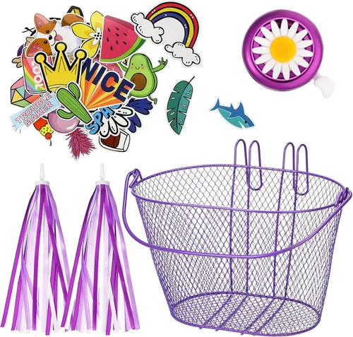 Vista 8 de Juego de serpentinas de cesta de bicicleta para niños, cesta de malla de alambre para bicicleta con 2 piezas de serpentinas coloridas