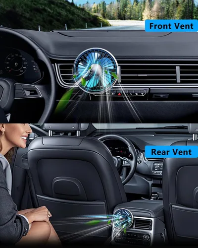 Vista 3 de Ventilador USB de ventilación de coche para rejillas de ventilación montado con luz colorida, ventiladores de clip giratorios de 360° que soplan