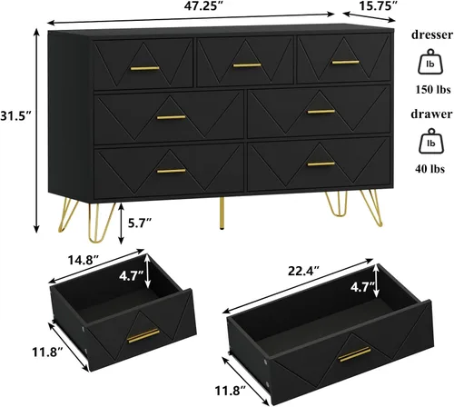 Vista 2 de Cómoda de 7 cajones para dormitorio, color blanco con patas y asas doradas, cómoda de madera, cómoda moderna para sala de estar, pasillo, guardería
