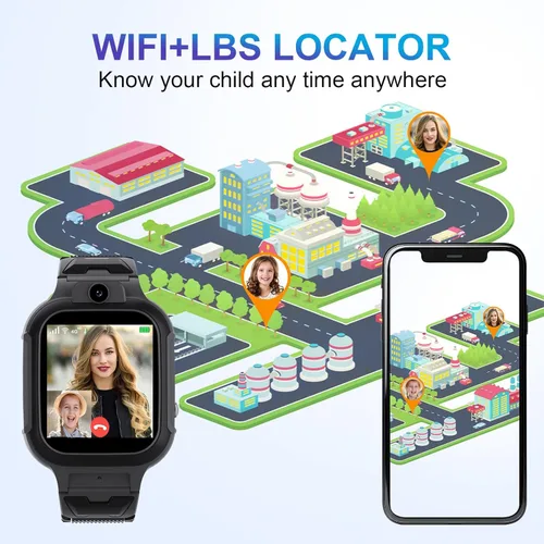 Vista 4 de Reloj inteligente 4G para niños, rastreador GPS, reloj inteligente con llamadas bidireccionales, videollamadas, chat de voz, modo de clase SOS, Negro