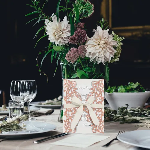 Vista 7 de 25 tarjetas de invitación de boda, invitaciones de quinceañera cortadas con láser, invitaciones de boda en blanco, kit de cintas y sobres para boda