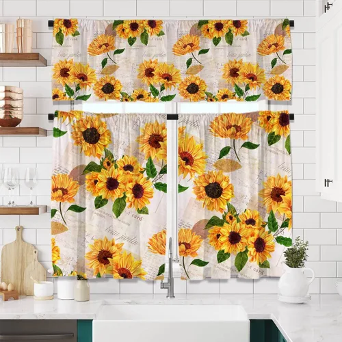 Juego de cortinas de girasol con cenefa, 3 piezas de cortinas de cocina con girasol, juego de cortinas rústicas florales para baño y dormitorio,