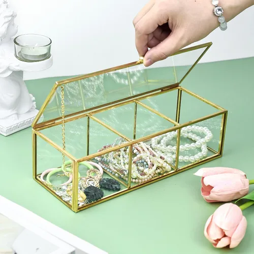 Vista 6 de HighFree Caja de té de cristal dorado con 3 compartimentos, caja de almacenamiento para encimera con tapa, vitrina multiusos para bolsas de té